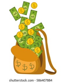 Backpack. Money bag. coins, dollars. Vector illustration flat. Money bag, financial investment, wealth accumulation. Business.