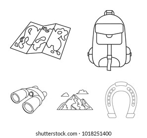 Backpack, mountains, map of the area, binoculars. Camping set collection icons in outline style vector symbol stock illustration web.