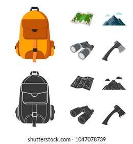 Backpack, mountains, map of the area, binoculars. Camping set collection icons in cartoon,black style vector symbol stock illustration web.
