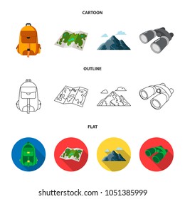 Backpack, mountains, map of the area, binoculars. Camping set collection icons in cartoon,outline,flat style vector symbol stock illustration web.