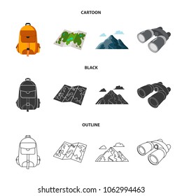 Backpack, mountains, map of the area, binoculars. Camping set collection icons in cartoon,black,outline style vector symbol stock illustration web.