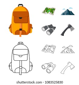 Backpack, mountains, map of the area, binoculars. Camping set collection icons in cartoon,outline style vector symbol stock illustration web.