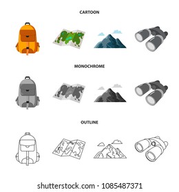 Backpack, mountains, map of the area, binoculars. Camping set collection icons in cartoon,outline,monochrome style vector symbol stock illustration web.