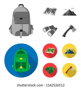 Backpack, mountains, map of the area, binoculars. Camping set collection icons in monochrome,flat style vector symbol stock illustration web.