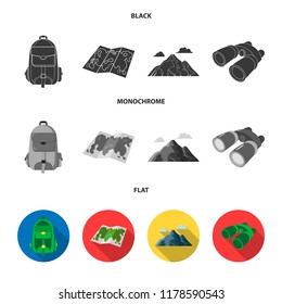 Backpack, mountains, map of the area, binoculars. Camping set collection icons in black, flat, monochrome style vector symbol stock illustration web.