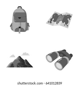 Backpack, mountains, map of the area, binoculars. Camping set collection icons in monochrome style vector symbol stock illustration web.
