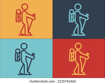 Mochila Modelo de logotipo de marcha nórdica, sencillo icono plano de la naturaleza, aventura, excursionismo