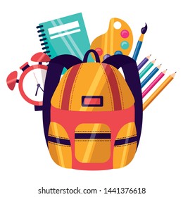 backpack notebook alarm clock colors palette back to school vector illustration