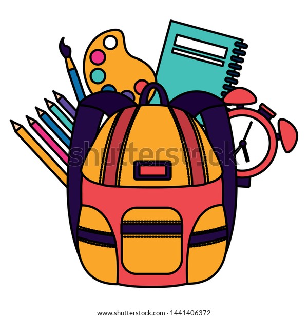 backpack notebook alarm clock colors palette\
back to school vector\
illustration