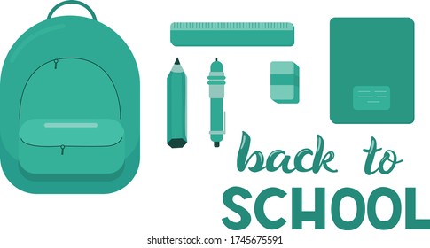 Backpack, notebook, pen, pencil, ruler, eraser, back to school sign. Vector stock illustration for print industry school stationery for schoolchildren, back to school collection, web design. EPS10