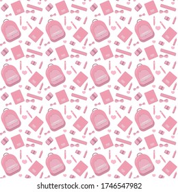 Mochila, bloc de notas, lápiz, regla, borrador - color rosa patrón. Ilustración de material vectorial para el papel escolar de la industria de la impresión para escolares, de regreso a la colección escolar, diseño web. EPS10