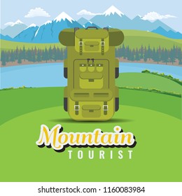 Backpack on hill with mountain and lake landscape. Flat and solid color style vector.