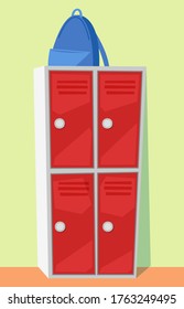 Backpack on locker, school element, case for keeping objects. Haversack and red storage in school, nobody educational place, luggage and chest vector