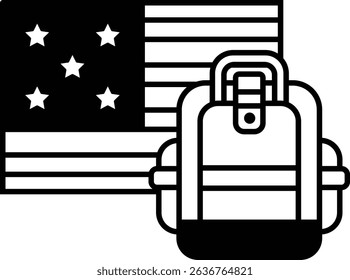 A backpack is on top of a flag. The backpack is black and white. The flag is red, white, and blue