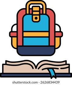 Una mochila está encima de un libro abierto. La mochila es roja, azul y amarilla