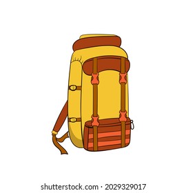 Backpack on white background in hand drawn style. Yellow and red. Isolated object on a white background. Camping, hike, hiking, travel. Vector illustration