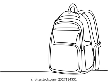 Backpack in one continuous line drawing. Simple minimalist design for travel, student life, or adventure themes. Hand-drawn linear illustration.