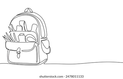 Backpack one line continuous. Backpack with stationary line art. Hand drawn vector art.