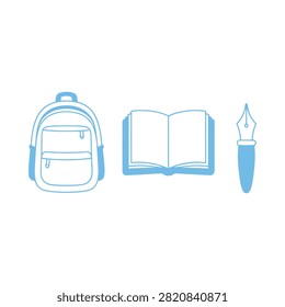 Backpack Open Book And Fountain Pen Silhouettes On White Background