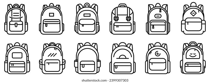 Icono de esquema de mochila. Conjunto de iconos de mochila lineal negra. Iconos de mochila aislados. Ilustración vectorial.