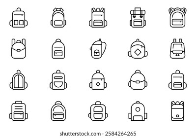 Backpack outline icon set. Collection of high quality black outline logo for web site design and mobile apps. Vector illustration on a white background.