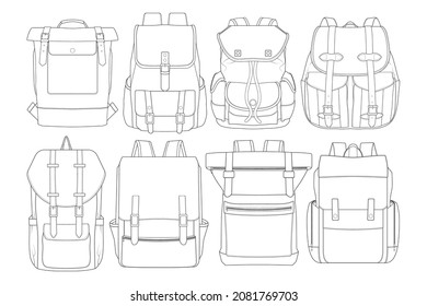 backpack outline icon set featuring multiple backpack designs in clean line art style. Minimal monochrome vector illustrations, isolated on white background. Ideal for UI icons, infographics, apps, catalogs, outdoor gear, travel concepts, education, and commercial graphic design projects.