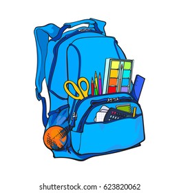 Backpack packed with school items, supplies, sketch vector illustration isolated on white background. School bag, backpack staffed with personal belongings, school items, stationery objects