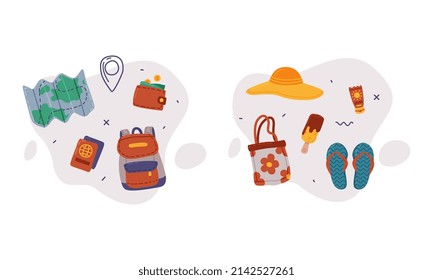 Backpack, Passport and Map as Travel and Tourist Item Vector Composition Set