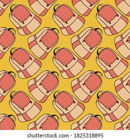 Backpack pattern, seamless pattern on yellow background.