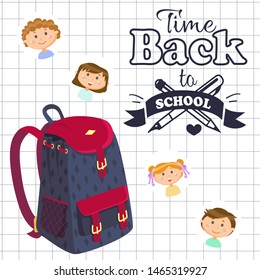 Backpack and pen or pencil, children or pupils, back to school vector. Rucksack or knapsack, school kids, girls and boys, supplies and accessory, education. Back to school concept. Flat cartoon