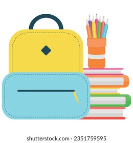 Backpack and pencils on a stack of books. Vector flat illustration