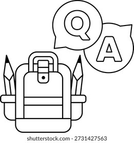 A backpack with pencils and a QA sign. The backpack is carrying a pencil and a pen