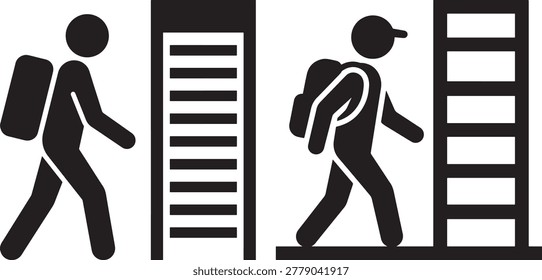 Backpack person icon, entering building, travel, school, journey.