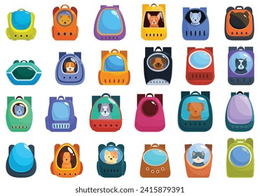 Backpack pet icons set cartoon vector. Travel dog carrier. Transporting animal