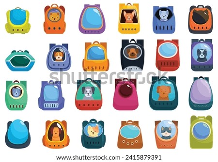 Backpack pet icons set cartoon vector. Travel dog carrier. Transporting animal