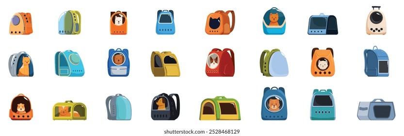 Backpack pet icons set. Different backpacks for carrying cats and dogs while traveling, featuring various designs and colors
