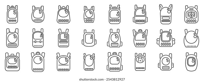 Backpack pet icons set. Set of simple astronaut or space backpacks icons showing exploration, adventure, and futuristic travel, perfect for space themed projects