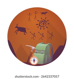 Backpack, pick tool and compass gear against the background of ancient rock paintings vector flat illustration. Cartoon archeology equipment, archeologic fossil dig isolated in round frame