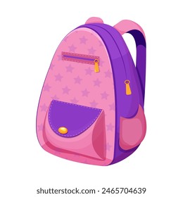 Backpack pink knapsack study bag, equipment. School kids bag with pockets bright colors isolated on white background. Accesory for suplies, baggage.