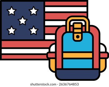 A backpack is placed next to an American flag. The backpack is blue and yellow. The flag is red, white, and blue