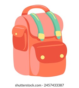 Backpack with pockets in flat design. Travel rucksack or red schoolbag. Vector illustration isolated.