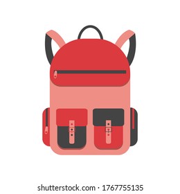 Backpack with pockets, isolated on white background. School, sport and travel bag. Vector illustration in flat style. 