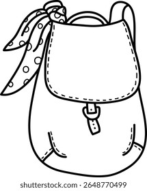 Uma mochila com um cachecol de bolinhas em um estilo de desenho de linha preto e branco. A bolsa possui uma aba e fivela, adornada com um cachecol manchado amarrado ao punho. Ilustração de vetor de desenhos animados.