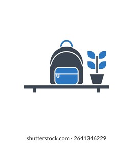 Backpack and potted plant on a shelf icon