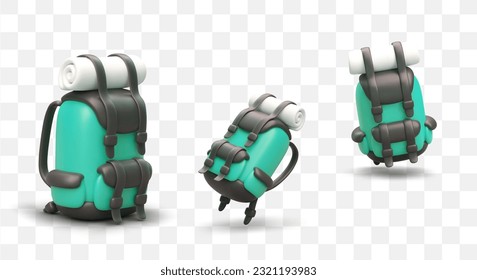 Backpack for proper weight distribution. Equipment for carrying heavy objects over long distances. 3D rucksack in fashionable unisex color. Set of isolated vector images