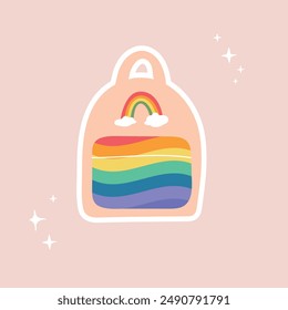 Backpack with rainbow. LGBTQ sticker. Vector symbols with pride symbols, rainbow flag colored elements,gender signs. Cute pride stickers.Gay parade groovy celebration. Illustration on pink background.