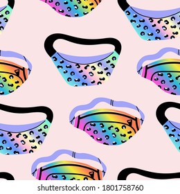 Backpack retro style colorful banana bag seamless pattern. Accessory from 90s. Hand drawn vector illustration. Fancy accessory.