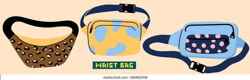Backpack retro style colorful banana bag. Accessory from 90s. Hand drawn vector illustration. Fancy accessory.