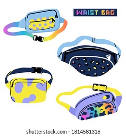 Backpack retro style colorful banana bag. Accessory from 90s. Hand drawn vector illustration. Fancy accessory.