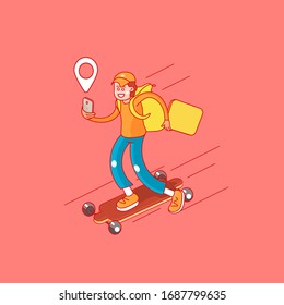 Сourier with a backpack rides a skateboard to deliver the package. Flat cartoon vector color illustration for web.